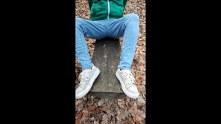 Public pissing jeans in forest