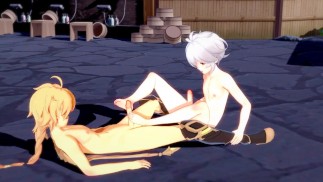 Genshin Impact Yaoi - Aether and Kazuha Footjob and bareback with creampie