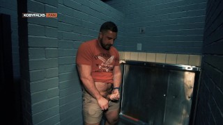 Thick furry daddy eats cum off a public bathroom floor and gets off