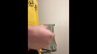 Guy jerks off cums quick in bathroom