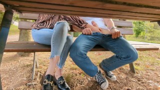Public Handjob in the woods and a big load of cum