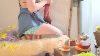 Cozy Afternoon on Balcony with Knitting and Tea