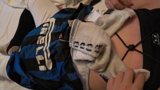 Bound baseball player plays with his nipples and masturbates with his dirty socks
