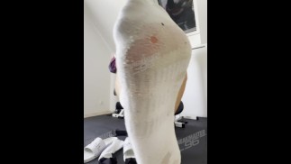 Polish Sneak Master jerks off with stinky socks feet on boxers flip Flops cum cumshot