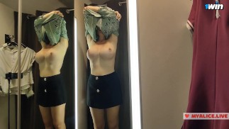 Blonde flashes her tits. Try on haul sexy clothes, translucent try on haul in the fitting room