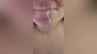Watch me play with my husband's cum. Cumshots and titty compilation