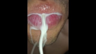cum in my mouth, I play with your cum, and I swallow it, closeup, naughty gay, tongue, sloopy