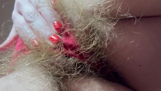 Hairy pussy tease in red panties super big bush amateur
