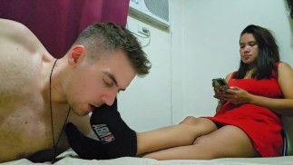 Asian stinky socks give a footjob to her slave