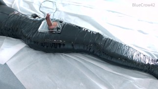 femboy in catsuit and thigh boots self mummified and CBT balls torture e-stimluation and cum