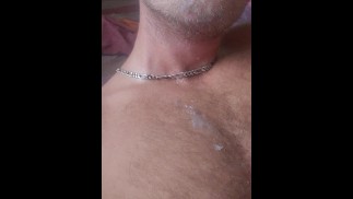 Jerking off my monster cock and ejaculating a rope of cum onto my face