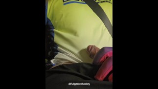 Cumming while driving with some MX gear on